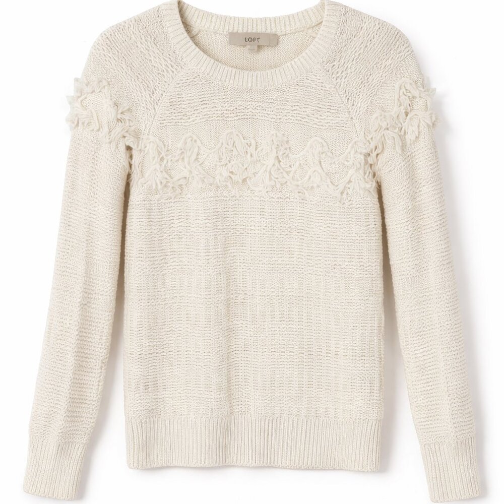 LOFT Fringe Trim Sweater‎ Womens Sz XS Cotton Knit Pullover Crew Neck Boho Cream